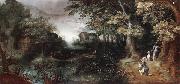 A wooded landscape with huntsmen in the foreground,a town beyond Claes Dircksz.van er heck